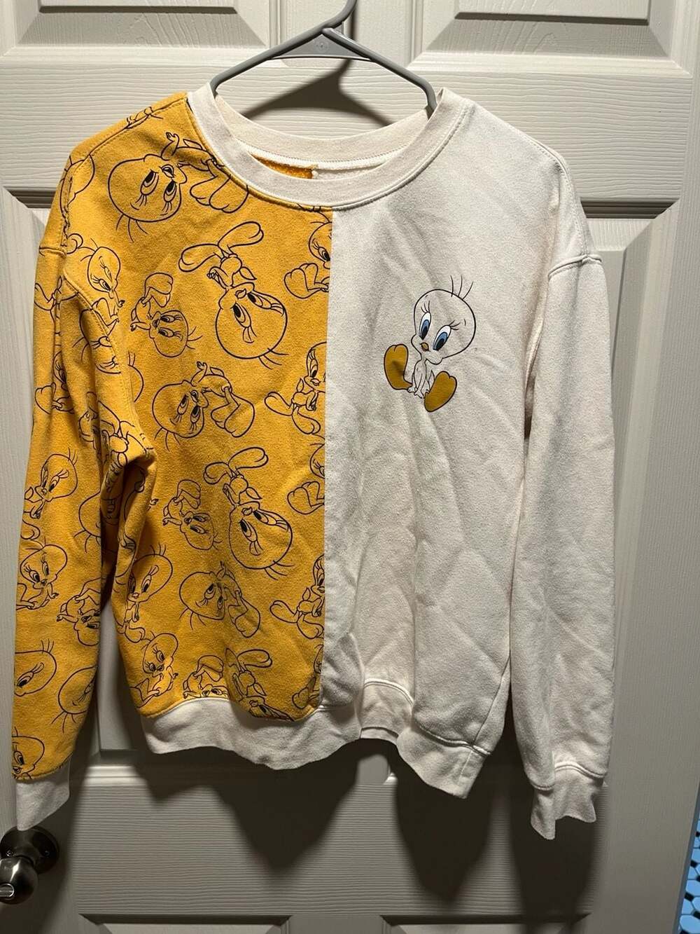 Looney Tunes Tweety Bird Split Color Yellow and White Crewneck Sweatshirt, Size